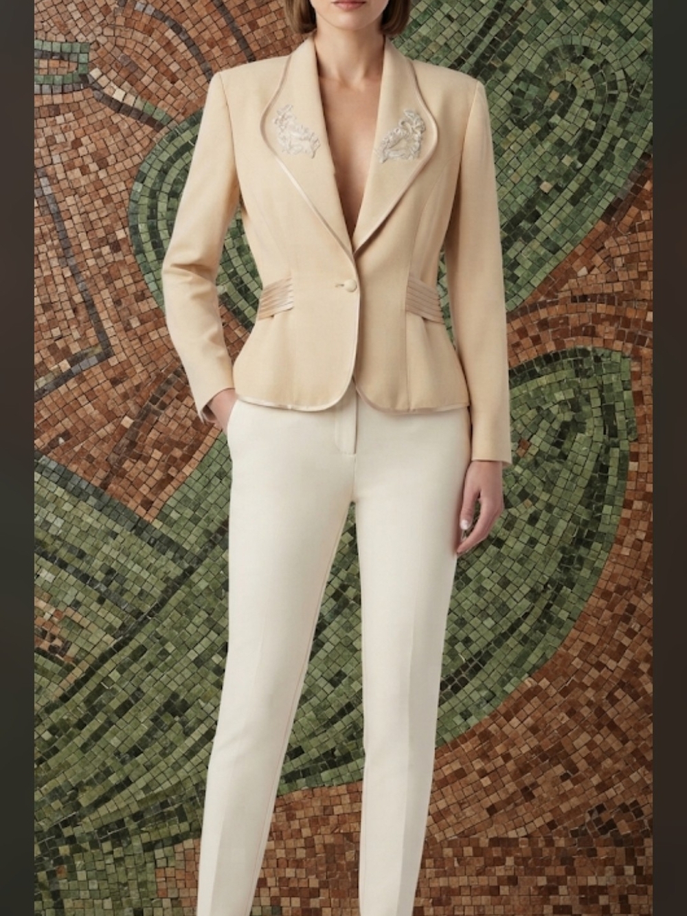 Vintage R. & Co. Champagne Beige Beaded Lapel Satin Trim Tailored Blazer Size 14